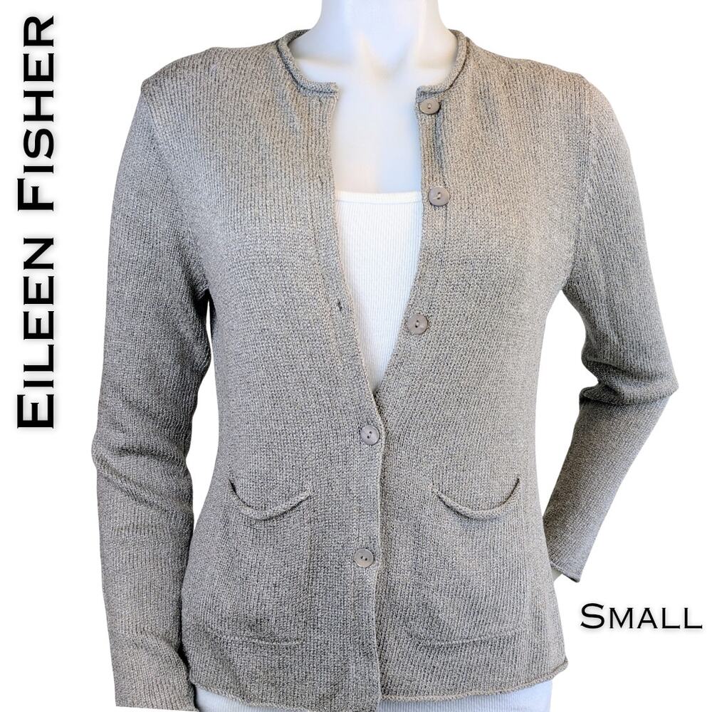 Eileen Fisher Silk Blend Button Cardigan Small Gray Knit Pockets Minimalist